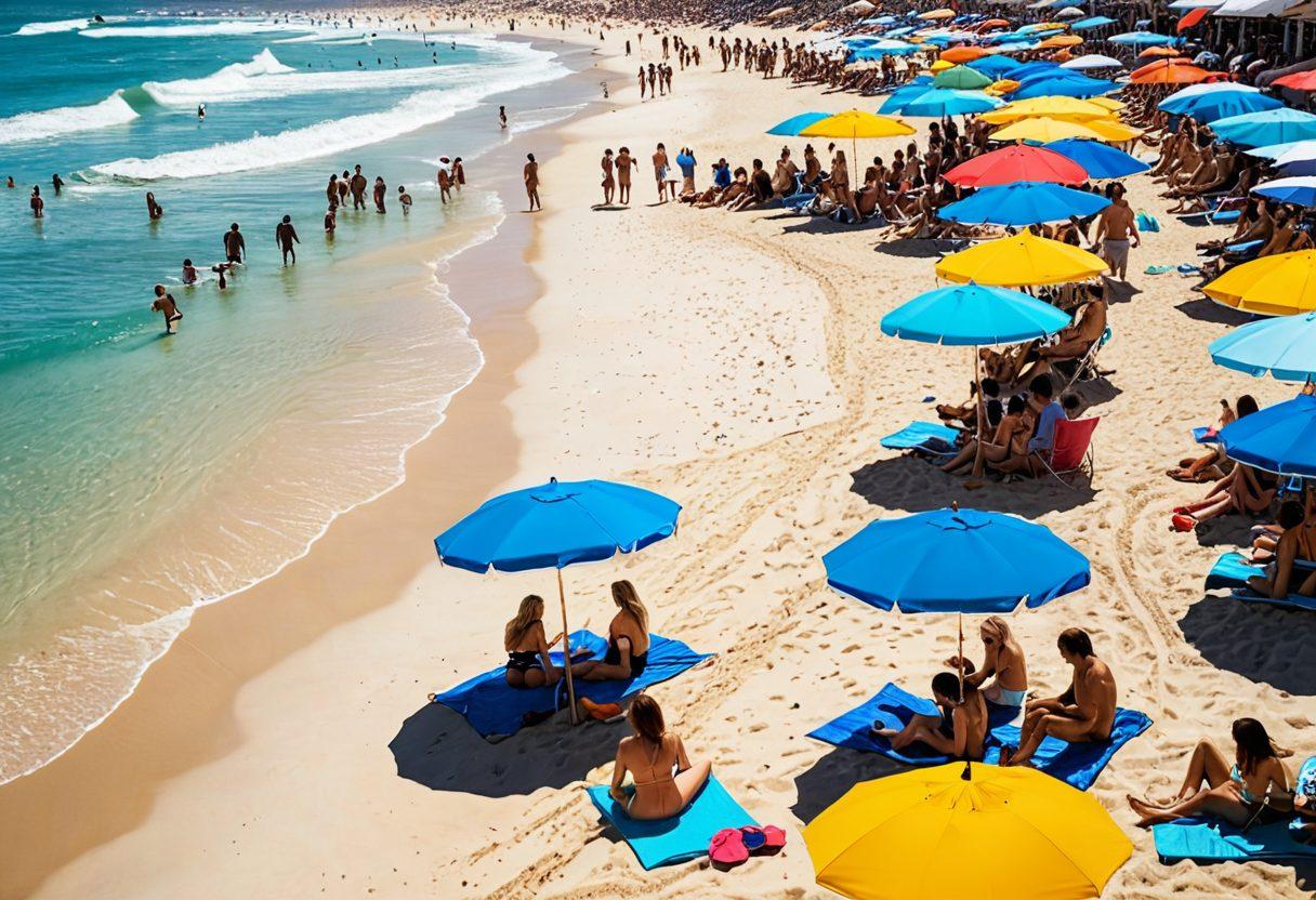 A stylish beach scene featuring a diverse group of people in trendy, comfortable beachwear, enjoying various activities like surfing, lounging with colorful umbrellas, and playing beach volleyball. The background showcases a bright blue ocean, golden sand, and vibrant beach accessories such as flip-flops, hats, and towels. The overall atmosphere is fun and inviting, emphasizing fashion and comfort for every adventure under the sun. super-realistic. vibrant colors. sunny ambiance.
