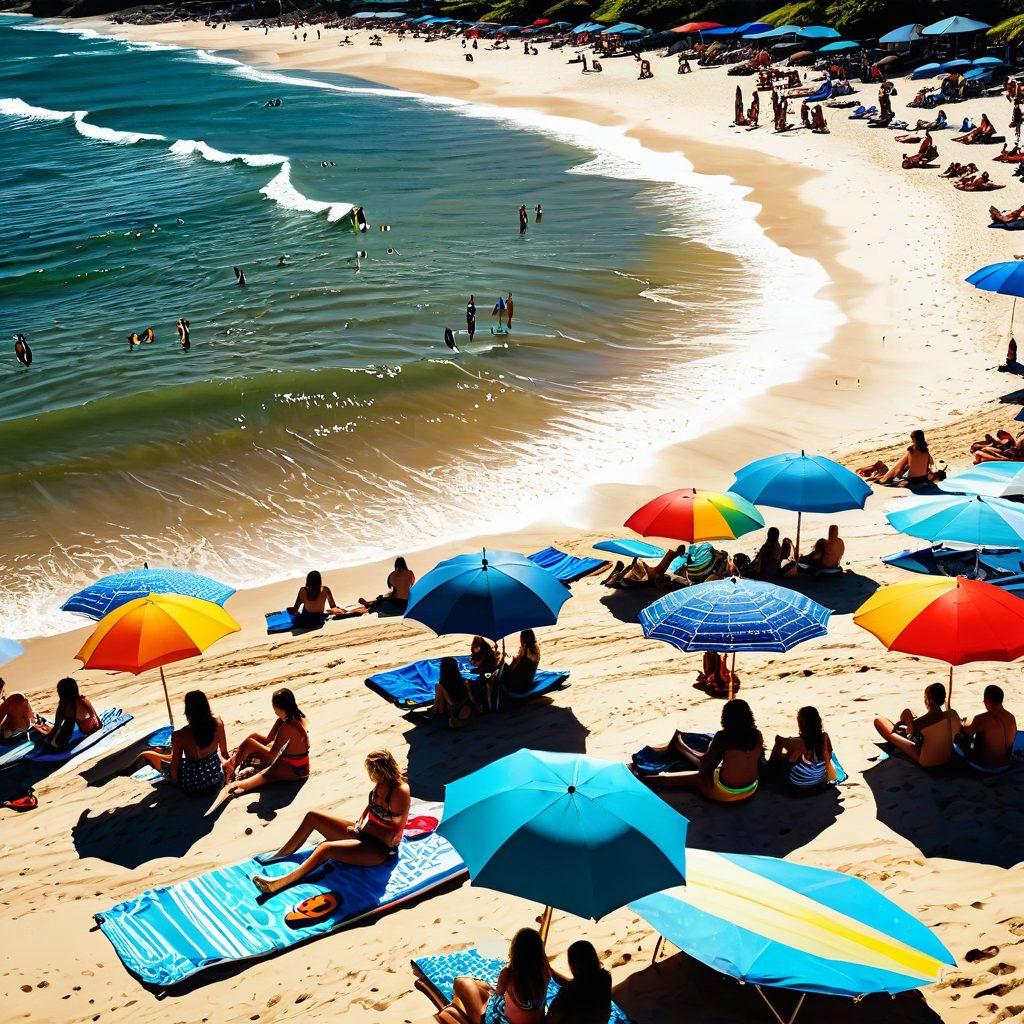 A vibrant beach scene featuring diverse people enjoying the sun and surf, showcasing various trendy swimwear styles, including bold patterns and bright colors. Add elements like umbrellas, surfboards, and beach towels to enhance the summer vibe. The ocean waves should be crashing in the background, while the sun sets, creating a warm golden hour glow. super-realistic. vibrant colors. warm tones.